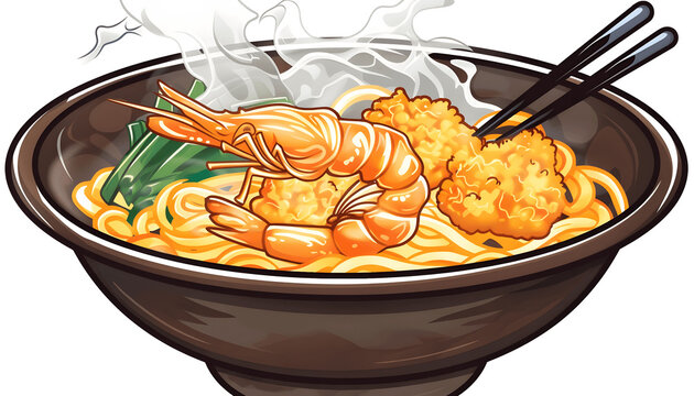 recommend clip art: Clipart of a steaming bowl of Japanese udon noodles with tempura shrimp ar7 4 v6 0 Generative AI