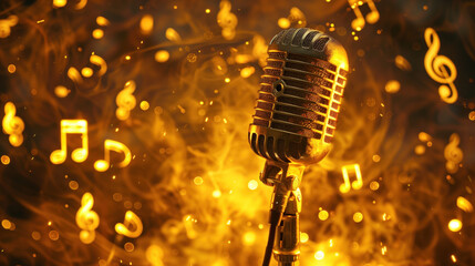 Classic microphone illuminated by intense golden lighting with dynamic musical notes.