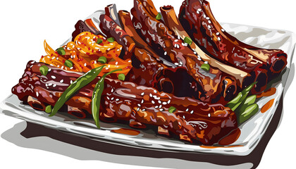 Clipart of a mouthwatering plate of Korean BBQ ribs with kimchi ar7 4 v6 0 Generative AI