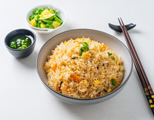 Chinese Vegetable Fried Rice in a Bowl with Side Dish on White Background