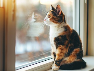 A calico cat sits by the window, gazing outside with an air of pensiveness.