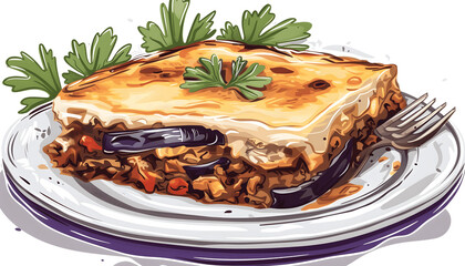 Clipart of a mouthwatering plate of Greek moussaka with layers of eggplant ar7 4 v6 0 Generative AI