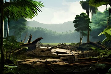 Deforestation concept with cut off tropical forest.