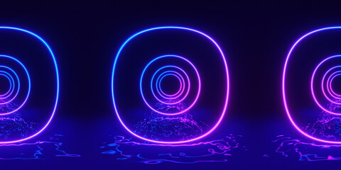 HDRI. Glowing neon lines. Full spherical panorama 360 degrees. Abstract vintage retro background, ultraviolet, spectrum vibrant colors, laser show. 3D render illustration.