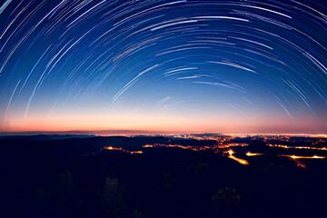 Night sky star trail over the city.