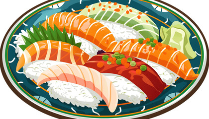Clipart of a colorful plate of sushi nigiri with pickled ginger and wasabi ar7 4 v6 0 Generative AI