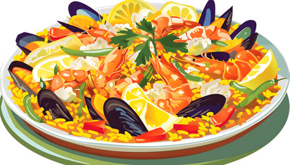 Clipart of a colorful plate of Spanish paella with seafood and saffron rice ar7 4 v6 0 Generative AI