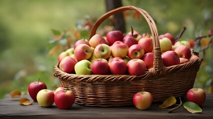 A basket overflowing with a variety of freshly picked apples, showcasing their vibrant colors and natural beauty.
