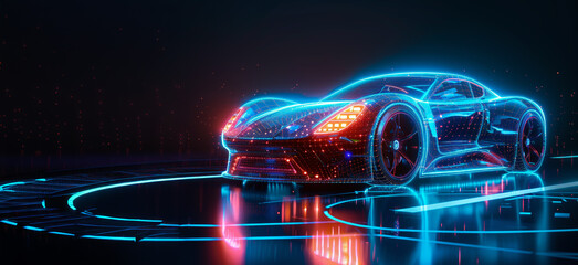 A futuristic car is shown in a neon blue and red color scheme