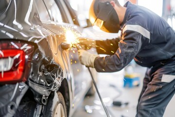 Professional car body repair on white background with modern tools and skilled technician