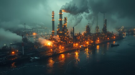 Nighttime exterior of an energy plant with glowing lights and steam rising, moody and atmospheric