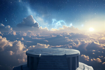 A ceremonial podium overlooking a vast landscape of clouds, under a starry