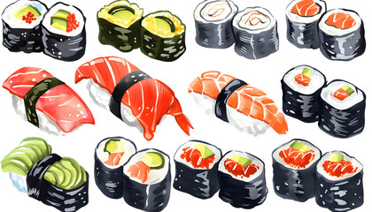 Clipart of a colorful assortment of fresh sushi rolls ar7 4 v6 0 Generative AI
