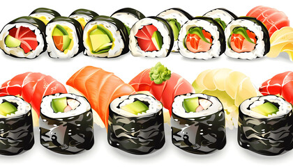 Clipart of a colorful assortment of fresh sushi rolls ar7 4 v6 0 Generative AI