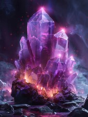 Majestic Purple Crystal Cluster Radiating Light in Mystical Landscape
