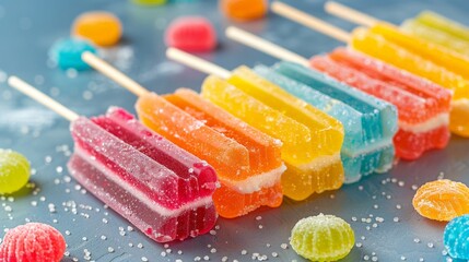 Colorful Assorted Popsicles with Sugar Crystals on Blue Background - Refreshing Summer Treats. Horizontal banner