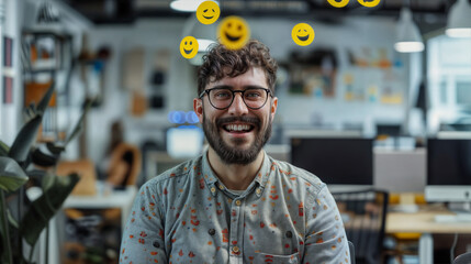 Obraz premium A young smiling man in the office with emoji smiles flying around him. The person receives a pleasant message