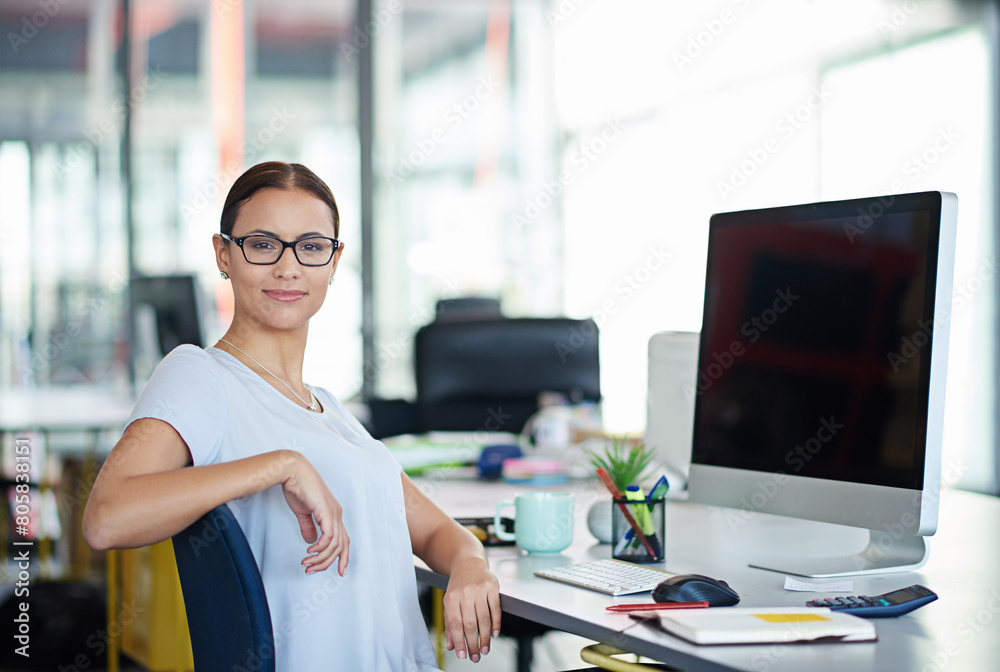Poster businesswoman, portrait and smile with computer and notepad in creative office for digital design. h