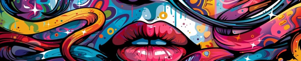 Fototapeta premium Vibrant Abstract Artwork with Colorful Swirls and Lips Motif. Horizontal banner