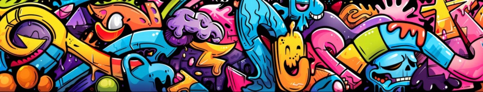 Vibrant Urban Street Art Mural Featuring Colorful Graffiti Elements. Horizontal banner