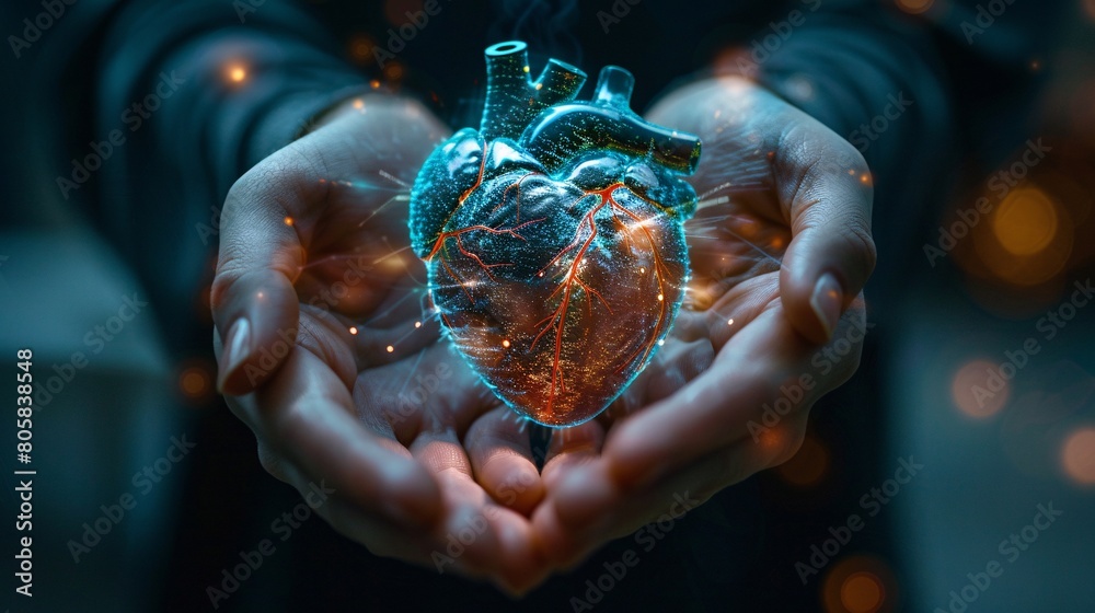 Wall mural human heart cradled in two hands, bathed in medical holograms, symbolizing hope and healing for card