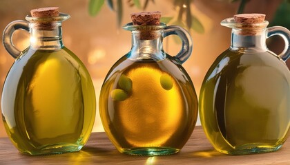 still life with olive oil, bottle of champagne with leaves, sunflowers with leaf leaves with glass bottle of olive oil. Mock up presentation