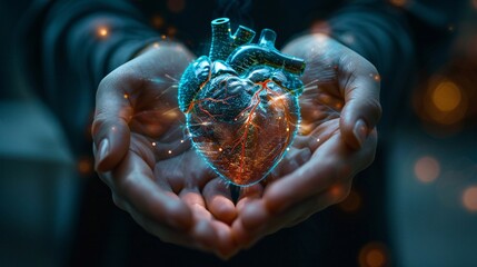 Human heart cradled in two hands, bathed in medical holograms, symbolizing hope and healing for cardiovascular issues, merging science and compassion