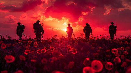 Silhouettes of soldiers standing in a poppy field at sunset on Remembrance Day, honoring the memory of fallen heroes.