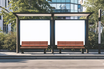 Digital Media blank advertising two billboard in the bus stop at the city. Blank billboards public commercial with passengers, signboard for product advertisement design