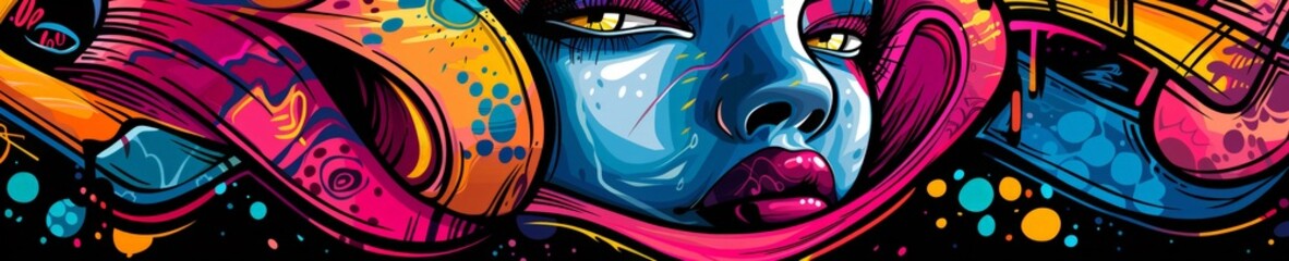Fototapeta premium Vibrant Pop Art Portrait of a Woman in Bold Colors with Abstract Elements. Horizontal banner