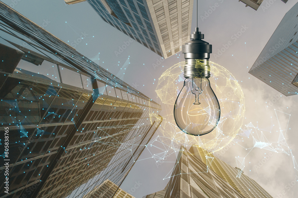 Poster abstract glowing lamp with polygonal mesh on blurry city background. idea, innovation and future con