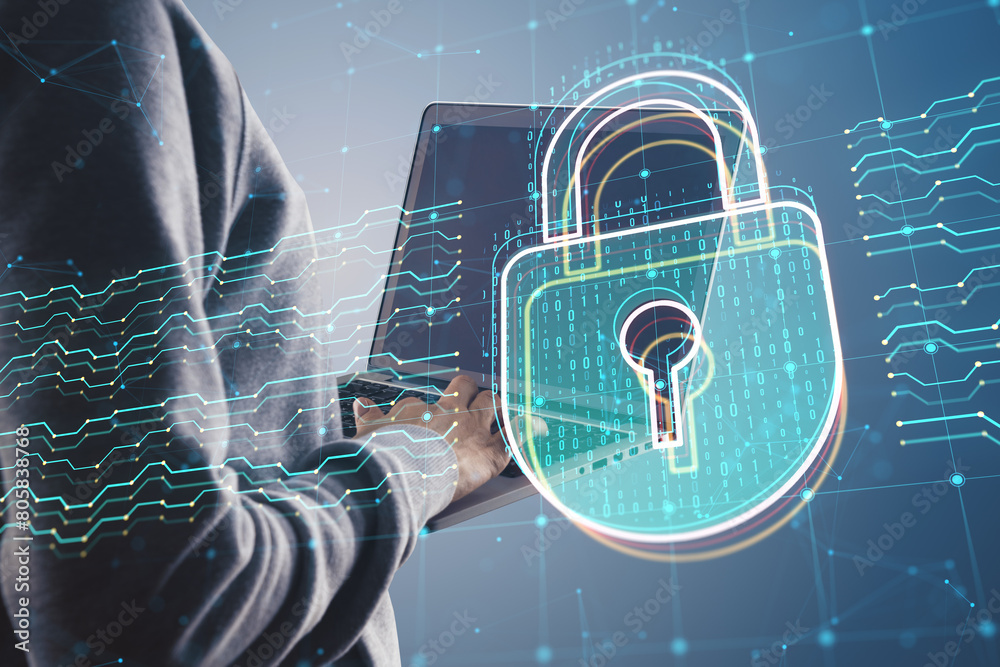 Poster close up of hacker hands using laptop with glowing digital padlock hologram on dark background. safe