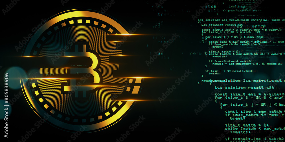 Poster Creative glowing digital bitcoin on dark tech background with binary coding. Virtual cryptocurrency and futuristic banking concept. 3D Rendering.