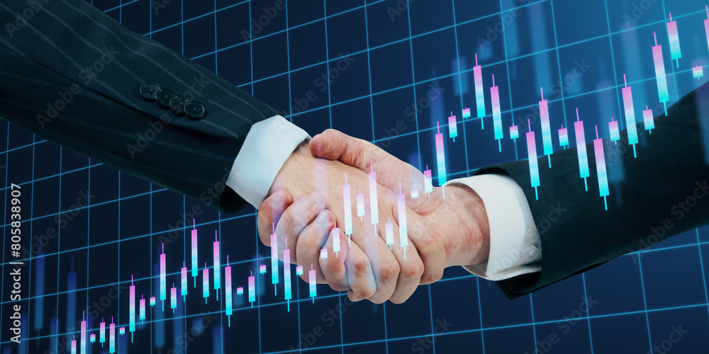 Poster close up of handshake with creative growing candlestick forex chart on blue grid background. financi