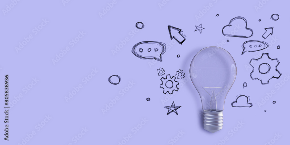 Aufkleber creative light bulb sketch with icons on lavender background with mock up place. idea, innovation an