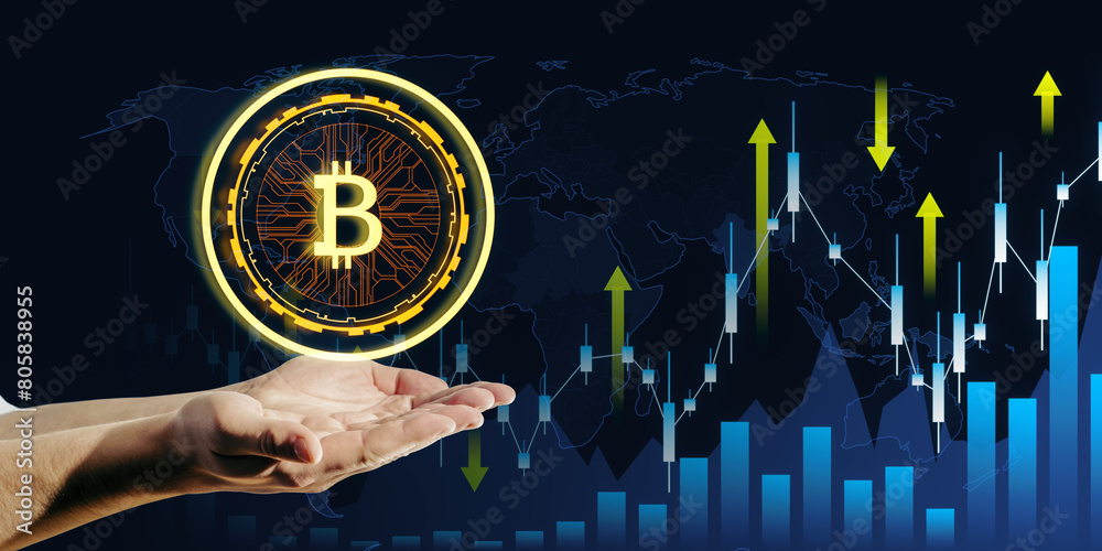 Poster close up of male hands holding creative glowing digital bitcoin on dark tech background with forex c