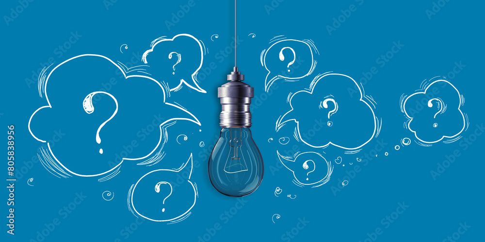 Aufkleber creative light bulb sketch with questions on blue background. idea, innovation and creativity concep