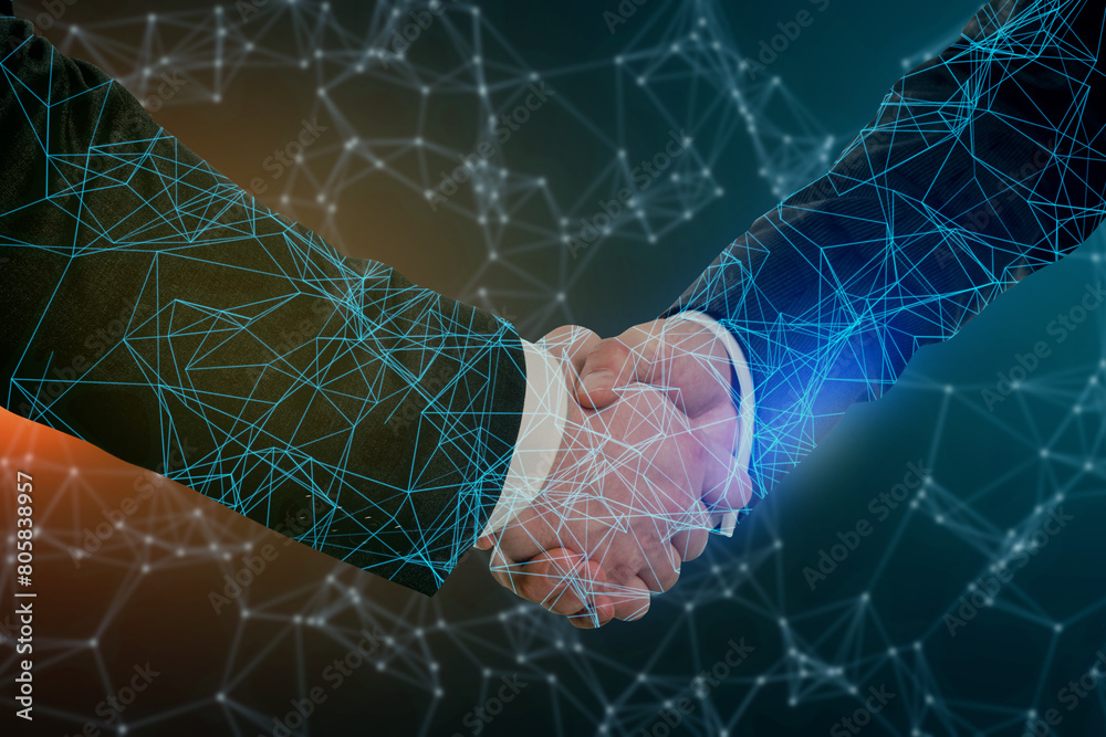 Poster close up of handshake on abstract polygonal texture. partnership and virtual relationship concept. d