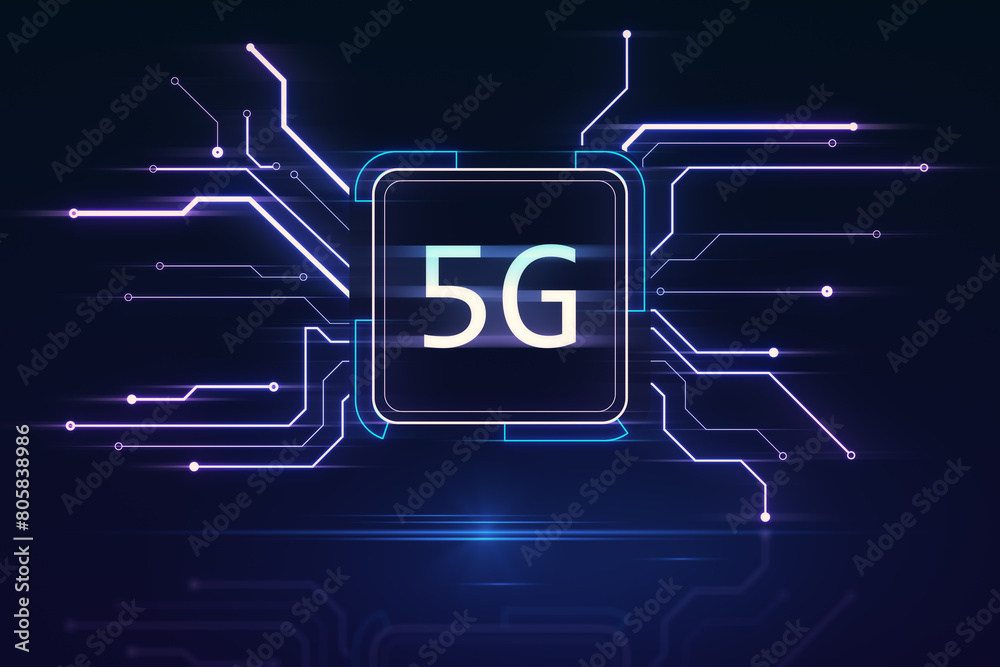 Poster Creative square circuit button hologram with 5G icon. Technology and mobile internet concept. 3D Rendering.