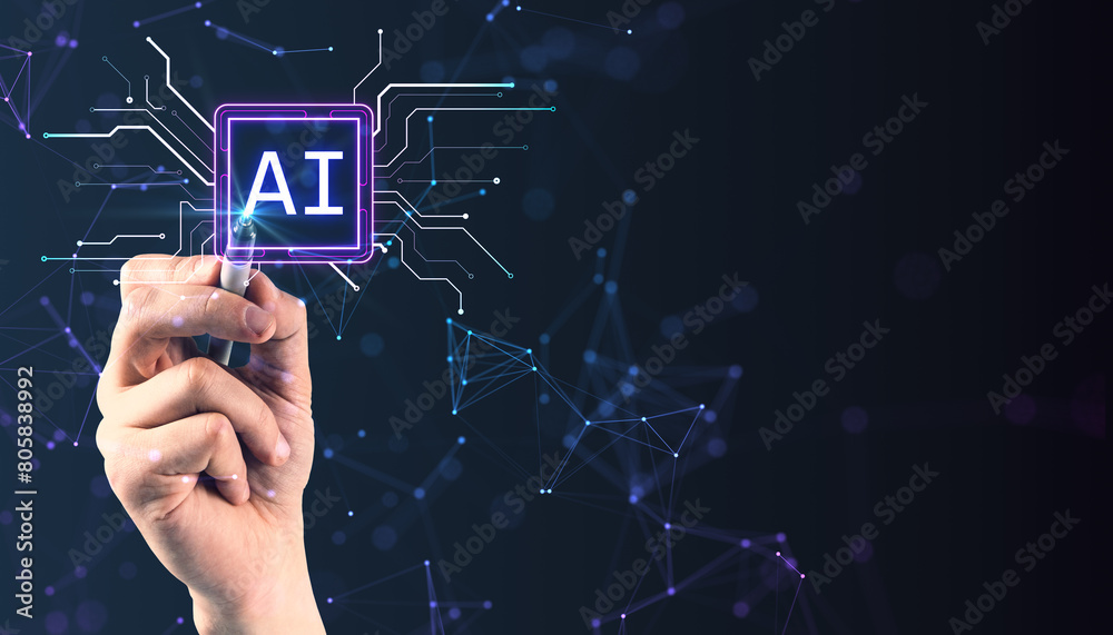 Poster close up of male hand with pen using glowing polygonal circuit ai hologram on dark background. artif