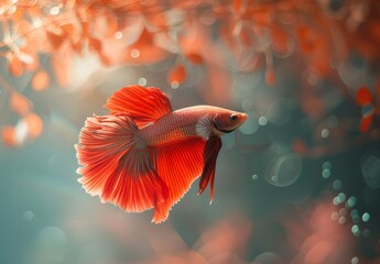 Soft focus motion blur of vivid red Betta fish tail swimming in tank, Siamese fighting fish, breeding with copy space