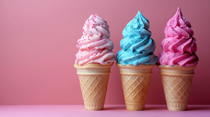 Top view horizontal banner set of three pink and blue ice cream in waffle cone isolated on pink background, copy space. Space for text - Powered by Adobe