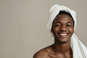 Portrait of a half naked african-american man with a towel wrapped around head and looking at...