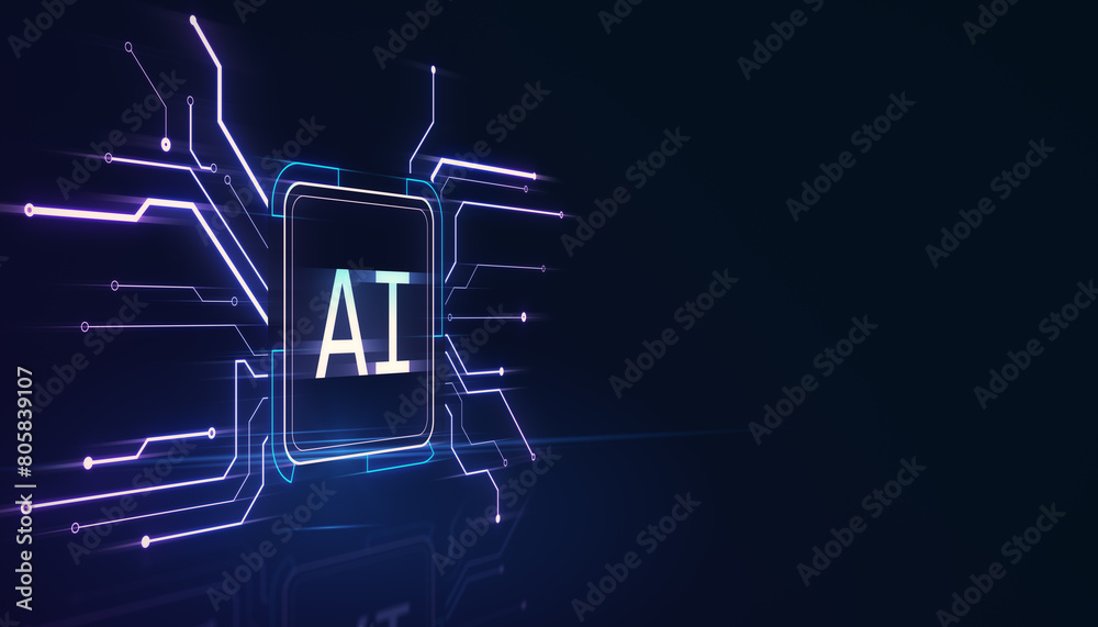 Poster Creative square circuit button hologram with AI icon on dark background with mock up place. Technology and artificial intelligence, machine learning concept. 3D Rendering.