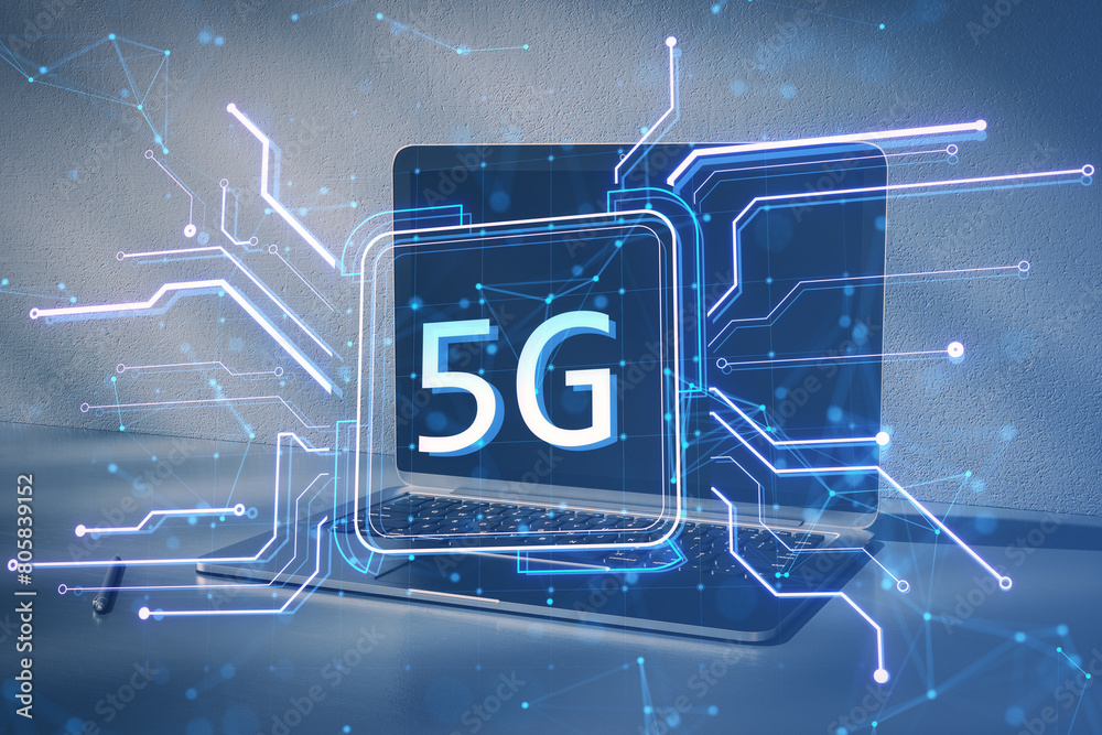 Poster close up of laptop on desk with creative square circuit button hologram with 5g icon. technology and