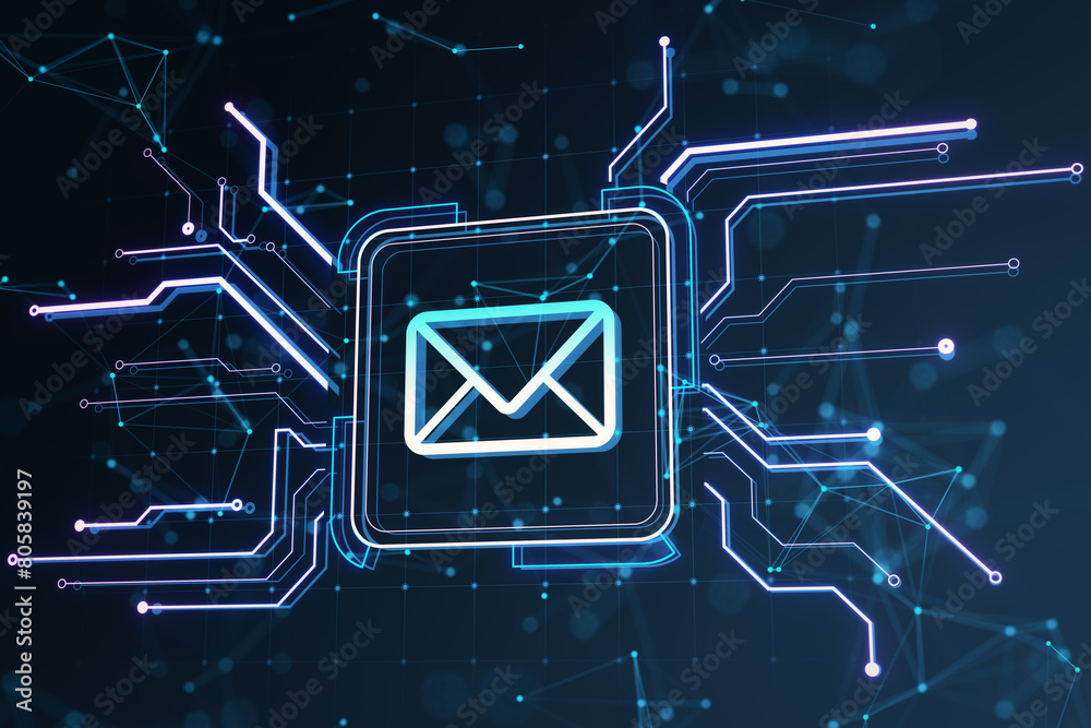 Poster Abstract square circuit button hologram with email icon. Technology and e-mail newsletter concept. 3D Rendering.