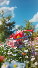 3D Landscape C4D Cartoon Cute Style Background Material: Shopping Cart in Flowers
