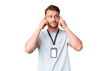 Young caucasian man with ID card over isolated chroma key background having doubts and thinking