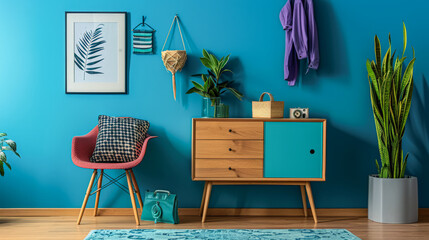 Wooden dresser in vibrant color in an interior design room composition. Minimalistic, chic interiors.