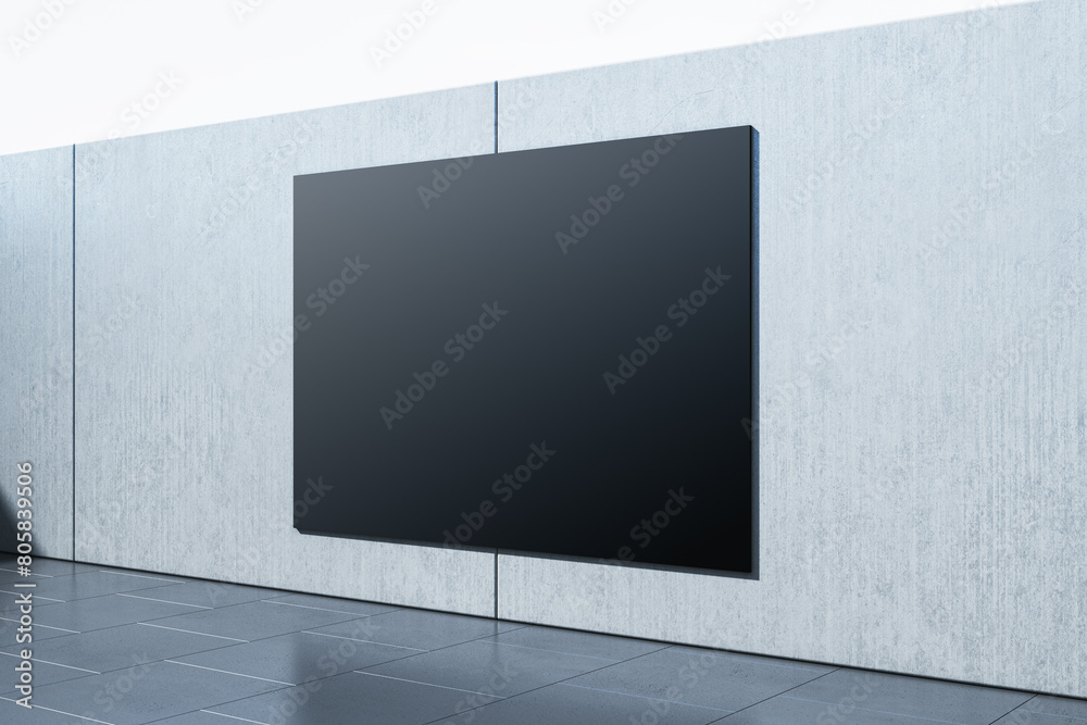Poster modern empty interior with black mock up banner on gray wall. gallery and museum concept. 3d renderi